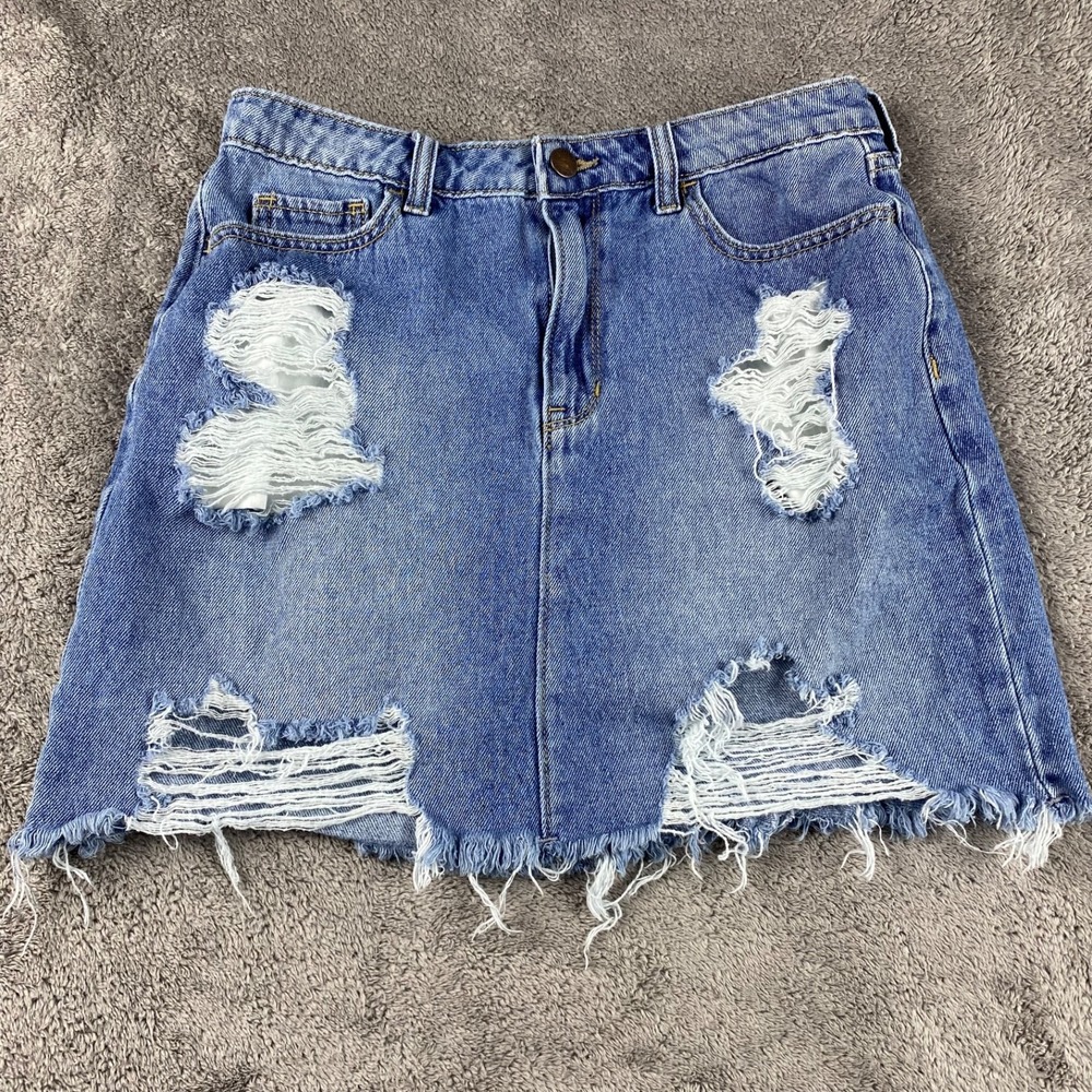 Hollister Ultra High Rise Short Jean Skirt Womens 7R W28 Blue Denim Distressed